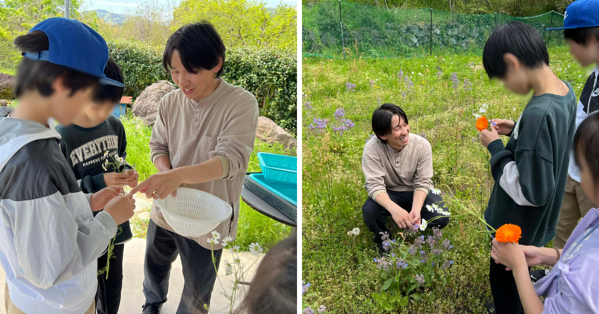 花を摘む時間。植物に触れることから、お茶の体験が始まります。